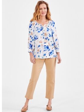 Women's Metallic Printed Split Neck Style & Co Peasant Blouse